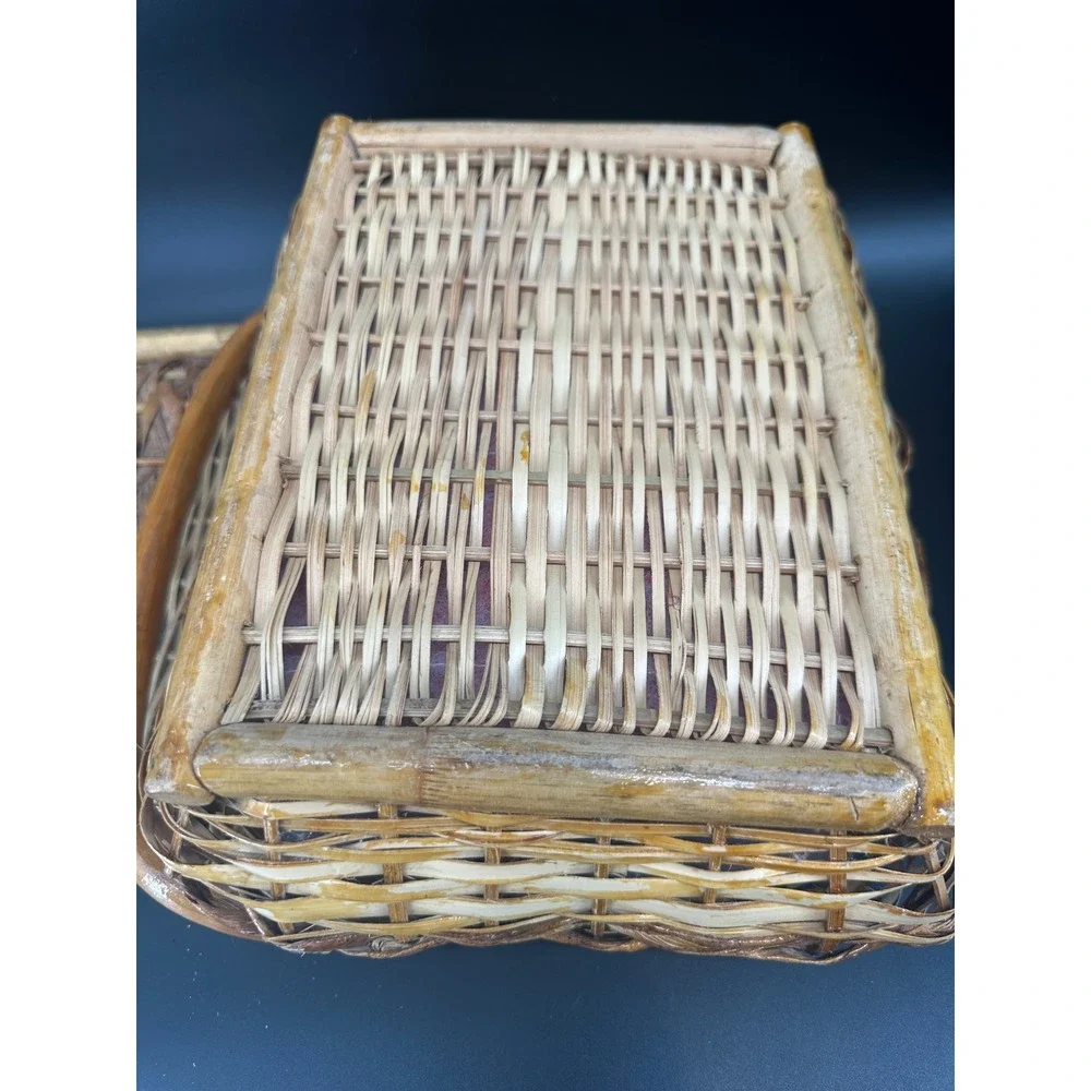Vintage Wicker Sewing Basket Wood Handle Floral‎ Lined Storage Box Rustic Boho